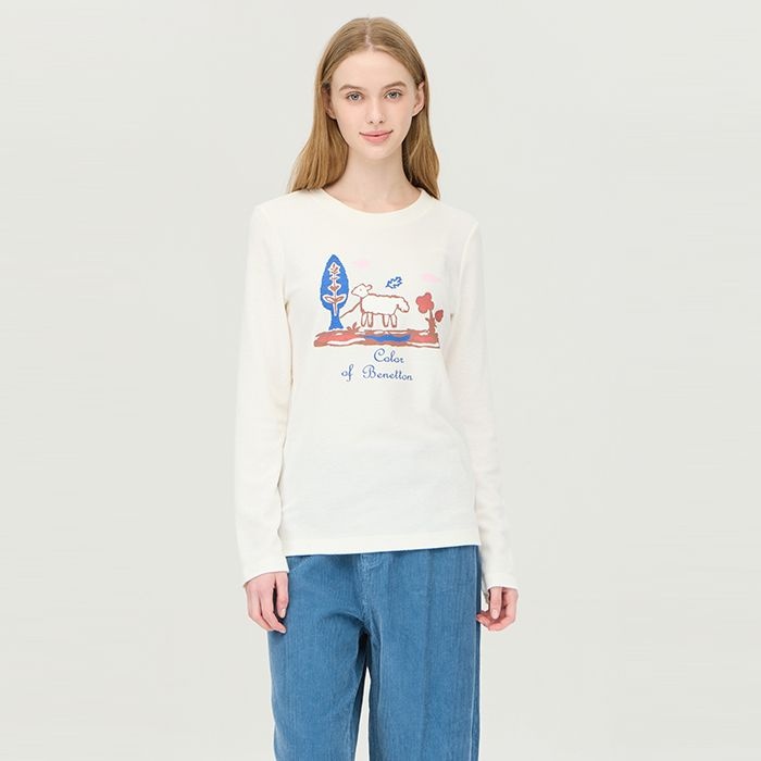 베네통 [Online Exclusive] 양 프린팅 테리 티셔츠_BATSG9561WH