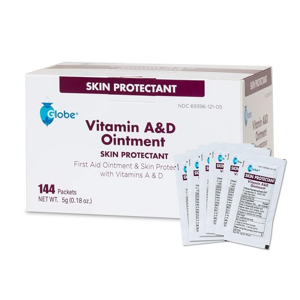 [Globe Pharmacy]Globe 144개 박스, 비타민 A 및 D 연고, A&D 함유, 응급 처치 피부 보호제, 5g 패킷, 144팩 라놀린 페트롤라텀 포뮬라, 남