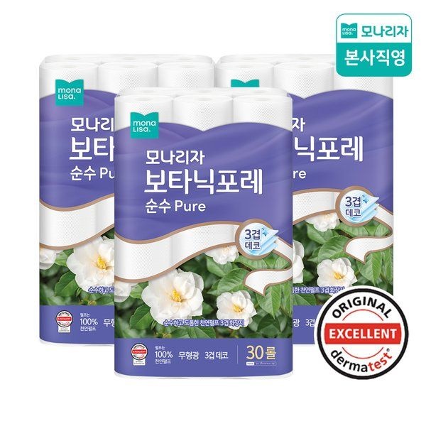 모나리자 [1+1+1] 보타닉포레 순수 3겹 27M*30롤 총3팩 천연펄프 화장지 프리미엄 두루마리 휴지