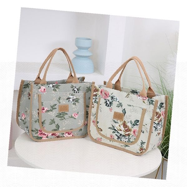 여성 토트백 플로럴 패턴 직장인 도시락 가방 스퀘어 디자인 데일리 핸드백 지퍼 포켓