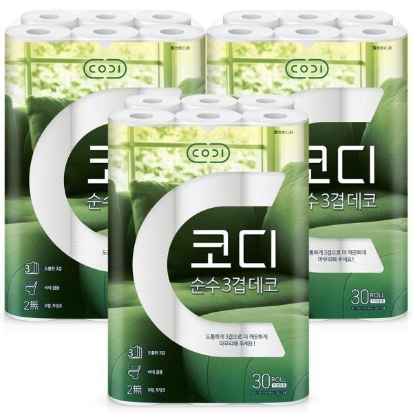 깨끗한나라 쌍용씨앤비 CODI 순수한 데코 3겹 30m 30롤 3개 프리미엄 두루마리 휴지