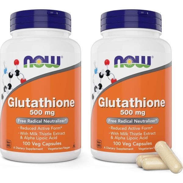 나우푸드 NOW Foods Glutathione 500 mg, 100 Vegan Capsules Pack of 2 - Reduced Form GSH Supplement - Enhanced with Milk Thistle Extract and Alpha L