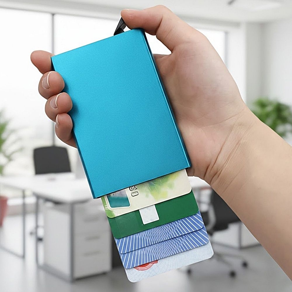 도난방지 RFID차단 자동 슬라이드 카드지갑 슬림 메탈 유럽여행 해킹방지