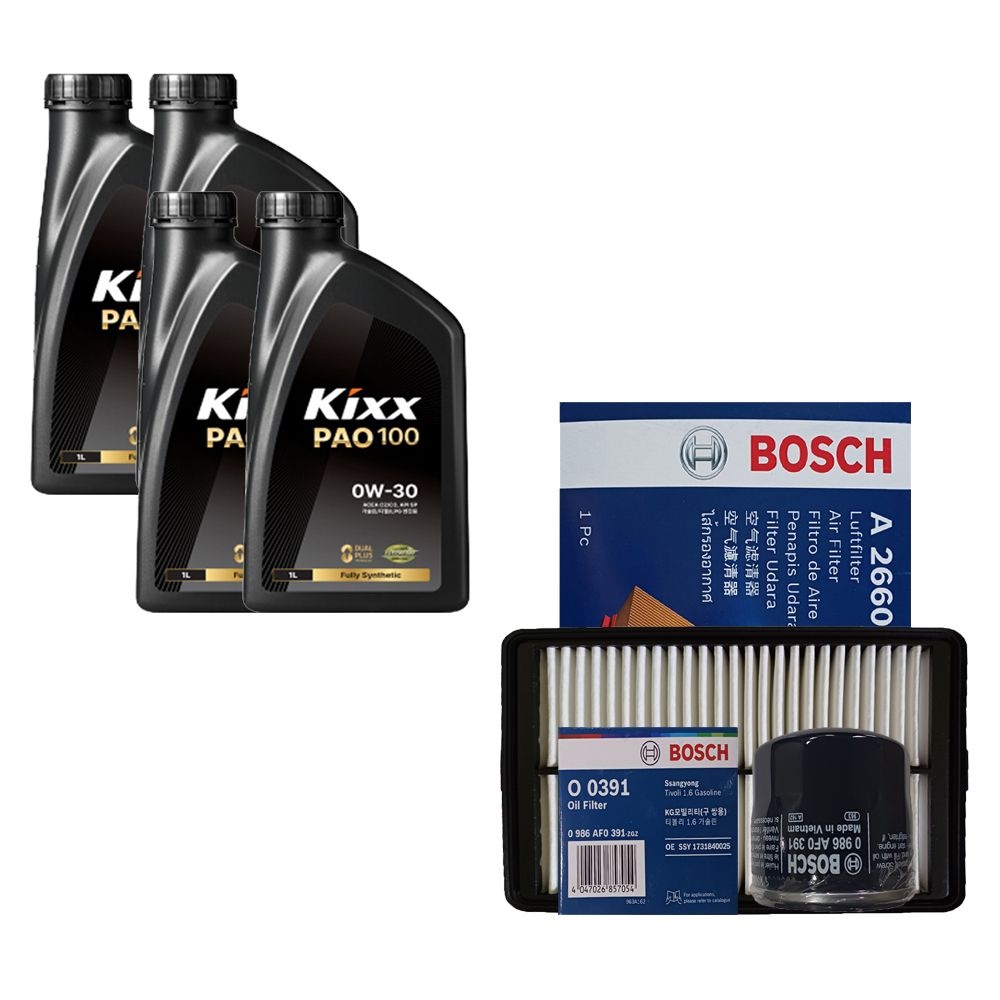 킥스 티볼리 1.6 가솔린 킥스 PAO100 0W30 4L 엔진오일 보쉬 필터 세트