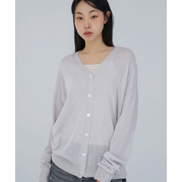 CHICKS 시어 오버핏 브이넥 니트 가디건 라이트그레이