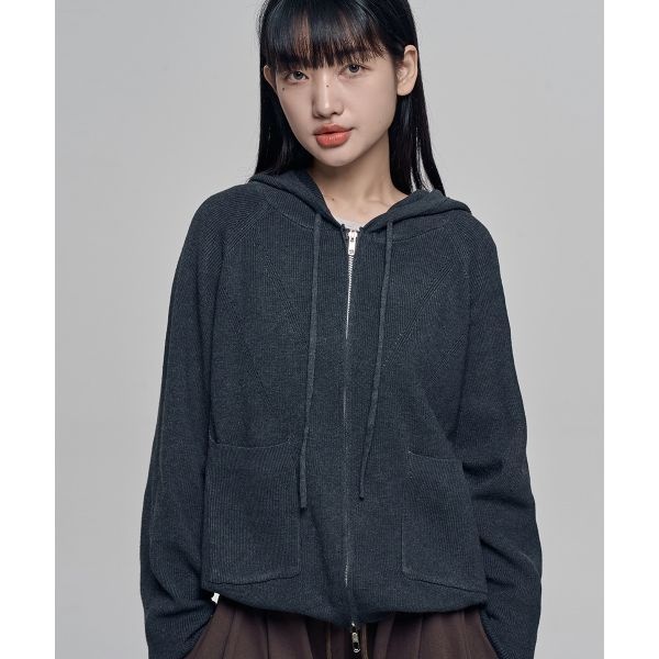 CHICKS 키튼 니트 후드집업 Charcoal melange