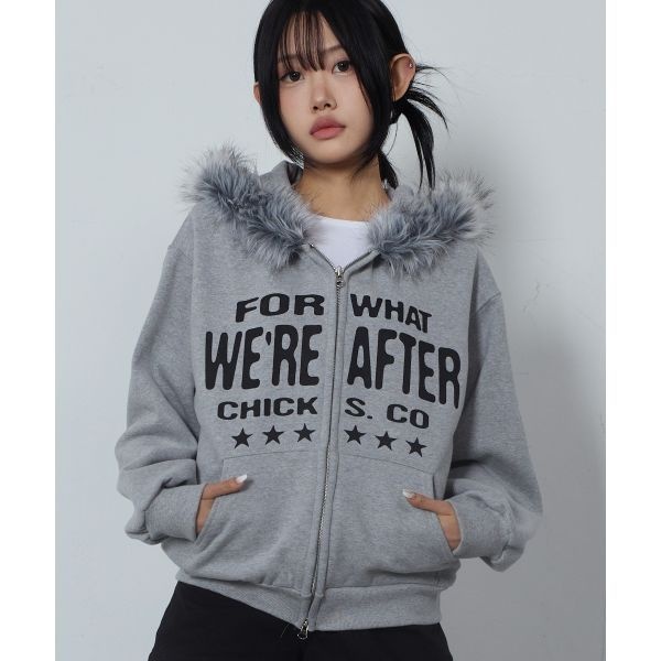 CHICKS 폴왓 양털 퍼 후드 집업 멜란지