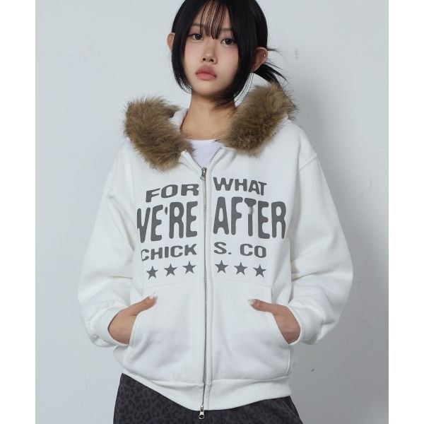 CHICKS 폴왓 양털 퍼 후드 집업 아이보리