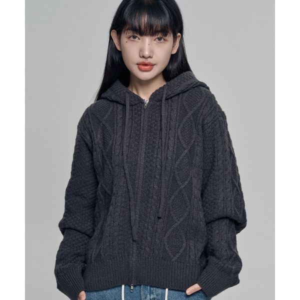 CHICKS 세이즈 케이블 후드집업 Charcoal