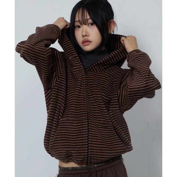 CHICKS 단가라 플리스 후드집업 브라운