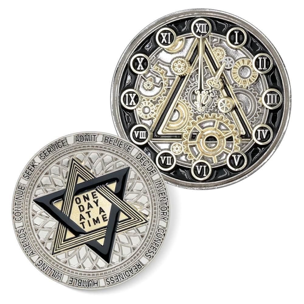 12 Steps Clock Sobriety Coin, AA 코인 음주 칩 메달리온, 시계 및 기어 디자인, 한 번에 하루 알코올 중독자 익명 토큰, 남