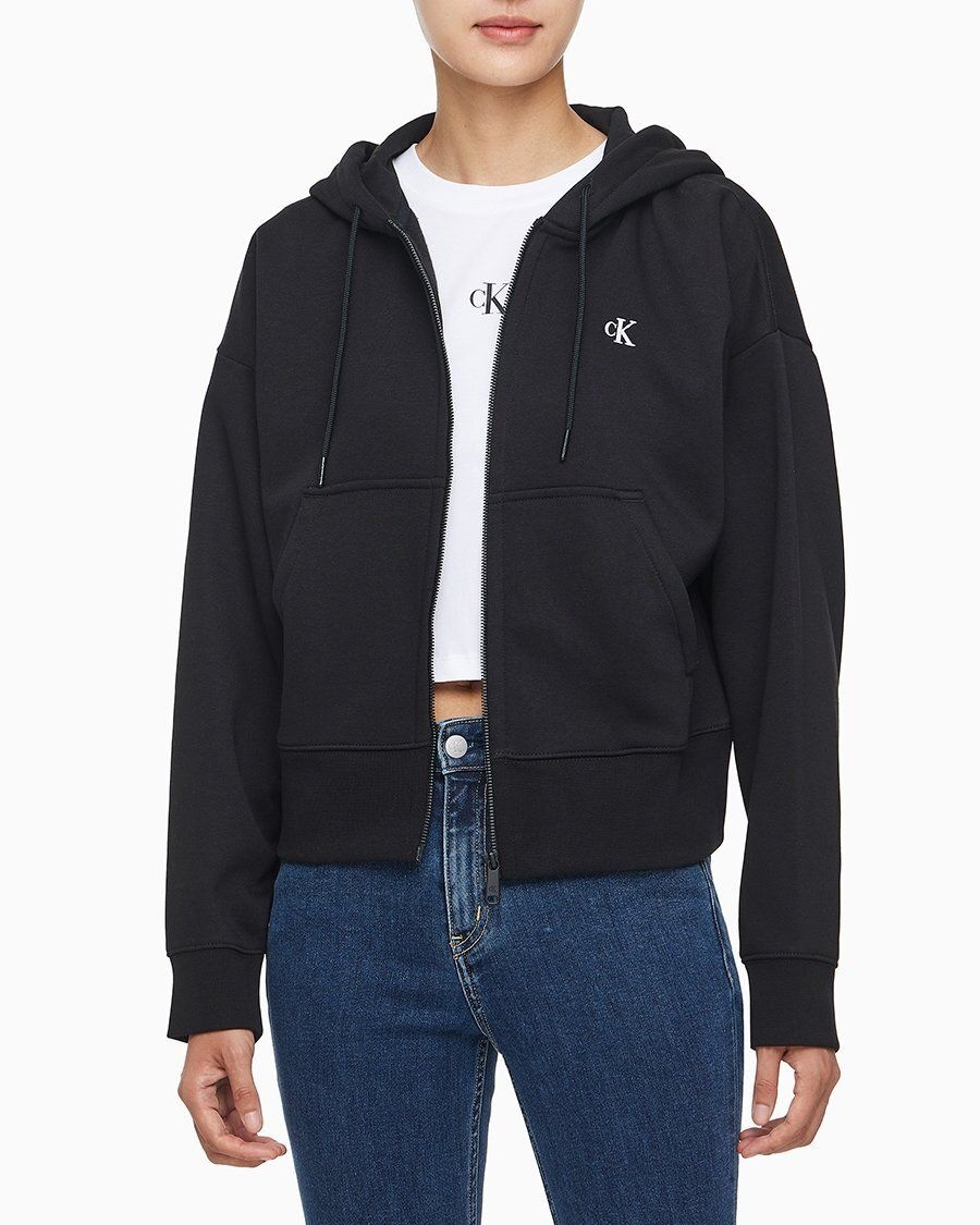 Calvin Klein Jeans 여성 아카이브 릴렉스핏 CK 스몰 로고 크롭 기모 후드 집업40WH104리오더