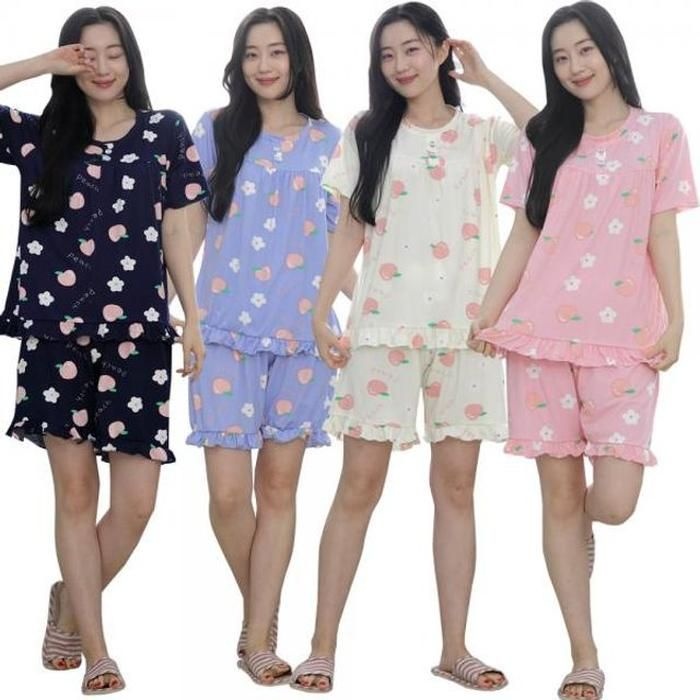 상세페이지참조 [라일리의류] Rly bns 여성 프릴 잠옷 반팔 세트 복숭아 피치원