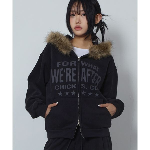 CHICKS 폴왓 양털 퍼 후드 집업 블랙