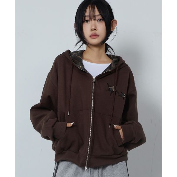 CHICKS 플란넬 체크 양기모 후드집업 브라운