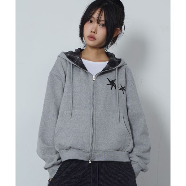 CHICKS 플란넬 체크 양기모 후드집업 멜란지