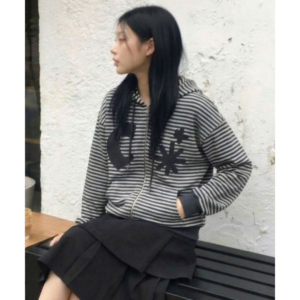 CHICKS 트윈 아플리케 단가라 후드집업 차콜