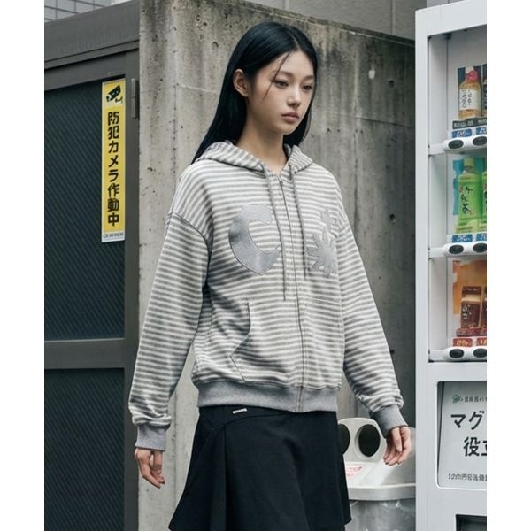 CHICKS 트윈 아플리케 단가라 후드집업 멜란지