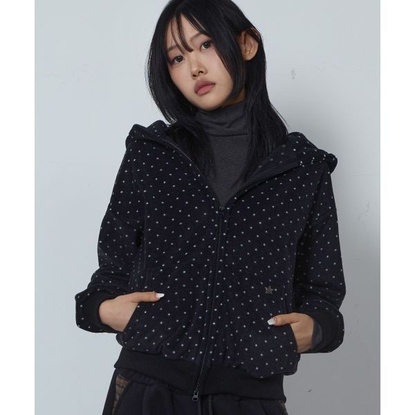 CHICKS 도트 플리스 후드집업 블랙