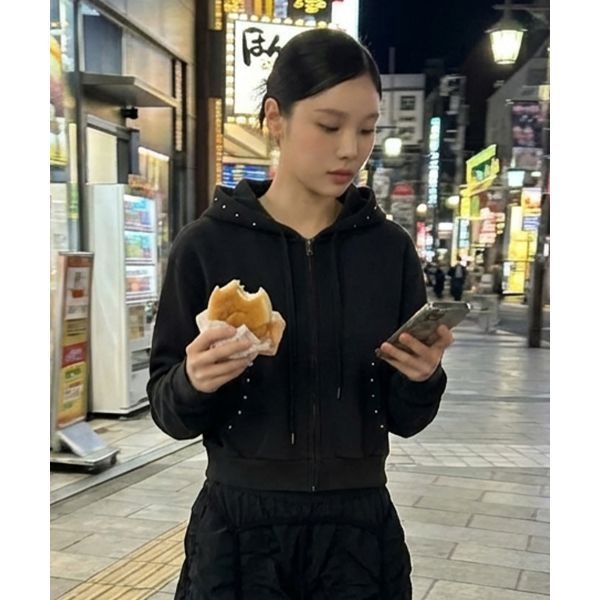 CHICKS 스틸 스터드라인 후드집업 블랙