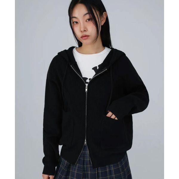 CHICKS 키튼 니트 후드집업 블랙