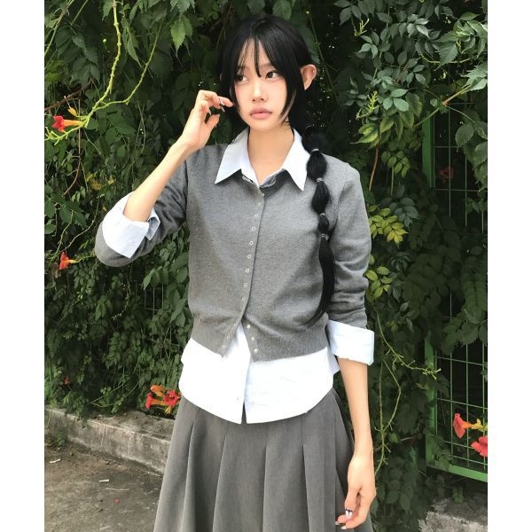 CHICKS CHICKS 싱글 스냅 크롭 가디건 멜란지