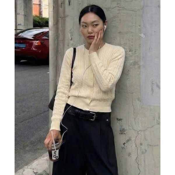 CHICKS CHICKS 꽈배기 라운드넥 니트 가디건 아이보리