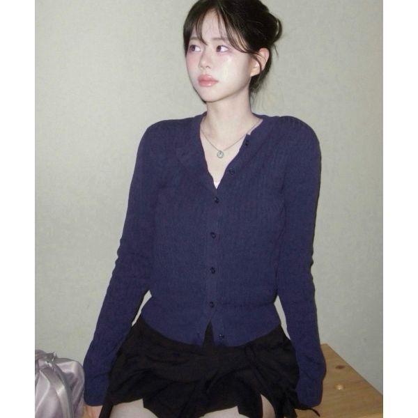CHICKS CHICKS 꽈배기 라운드넥 니트 가디건 네이비