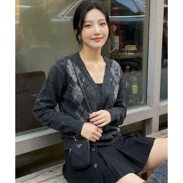 CHICKS CHICKS 아가일 스티치 가디건 차콜