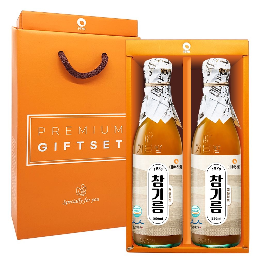 [20%쿠폰혜택]55년전통 대현상회 저온압착 참기름 들기름 350ml 선물세트 / HACCP 인증 백년가게 방앗간 (저온압착참기름350mx2병 선물세트)
