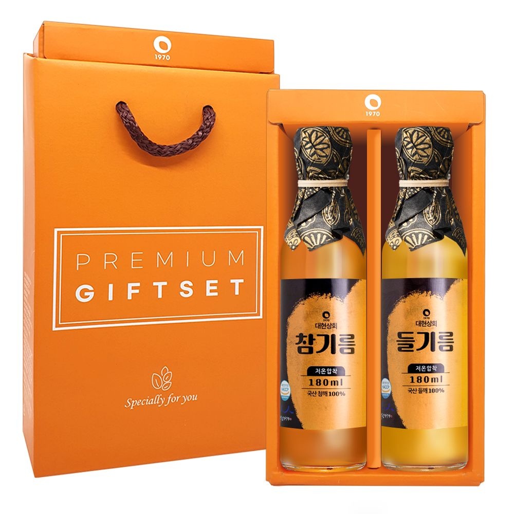 [20%쿠폰혜택]55년전통 대현상회 저온압착 국산 참기름 들기름 180ml 선물세트/ HACCP 인증 백년가게 방앗간 (저온압착 국산참기름들기름180x2병 선물세트)