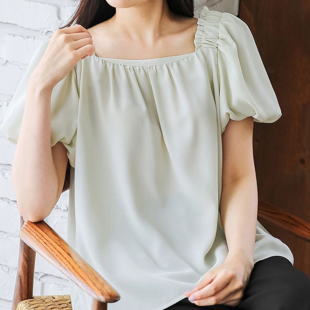 화이트 NT87GX69 반팔 여성 티 블라우스 스퀘어넥 퍼프