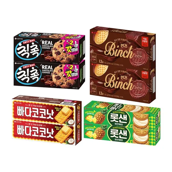 [APP전용] 롯데 빠다코코낫100gx2+빈츠102gx2+롯샌105gx2+칙촉120gx2