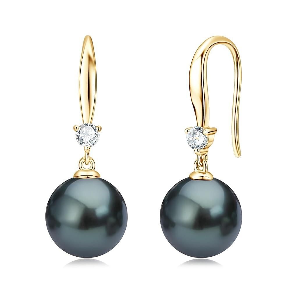 [해외] DENGGUANG 여성용 타히티안 블랙 진주 귀걸이, 925 스털링 실버 정품 타히티 양식 드롭 귀걸이 주얼리 선물 아내, 엄
