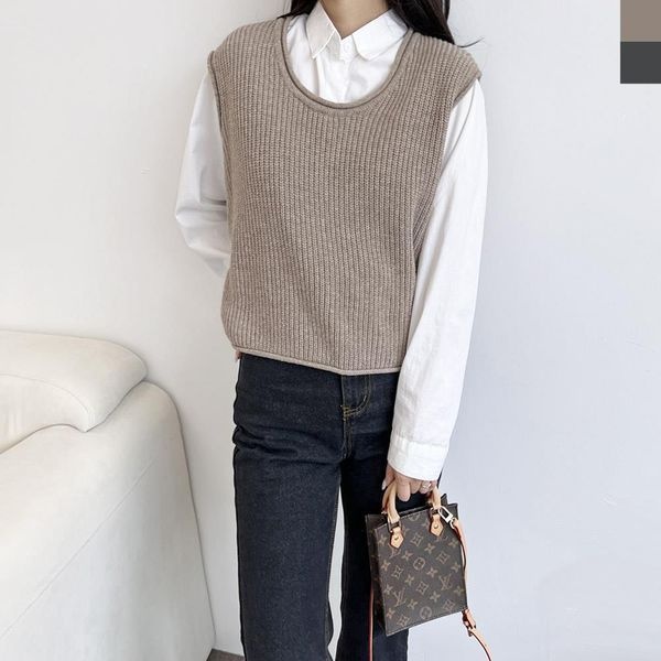 [하프클럽]너므렐 여성 루즈핏 밑단 스웨터 조끼 유넥 심플