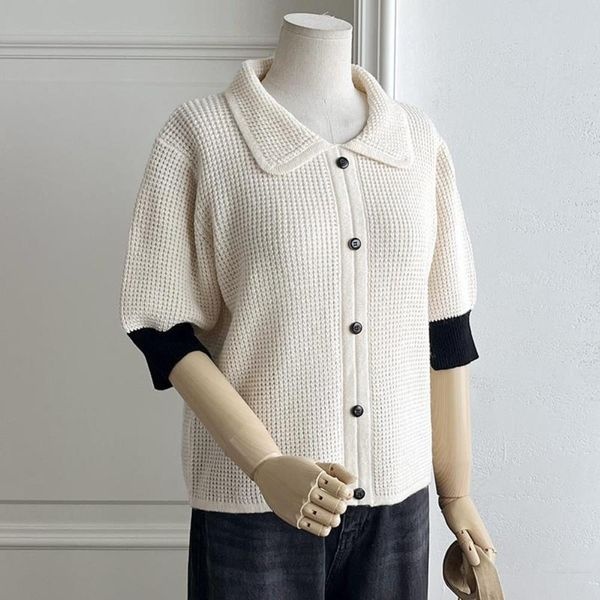 신상오픈런 [하프클럽]세사로 배색소매 여성 카라 와플패턴 5부 스웨터