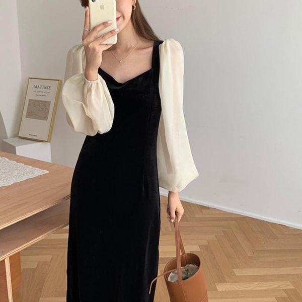 [하프클럽]런미앨 하객룩 벌룬 여성 시스루 긴원피스 슬리브 슬림 배색