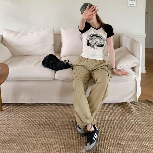 [하프클럽]슈렌니 스트레치 밴딩 바지 여성 버튼 카고 스트링 주머니