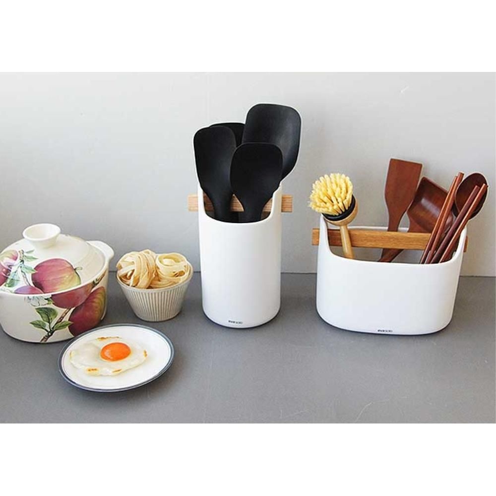 화이트 도자기 우드손잡이 조리도구 보관 치킨툴통 키친툴홀더 키친툴