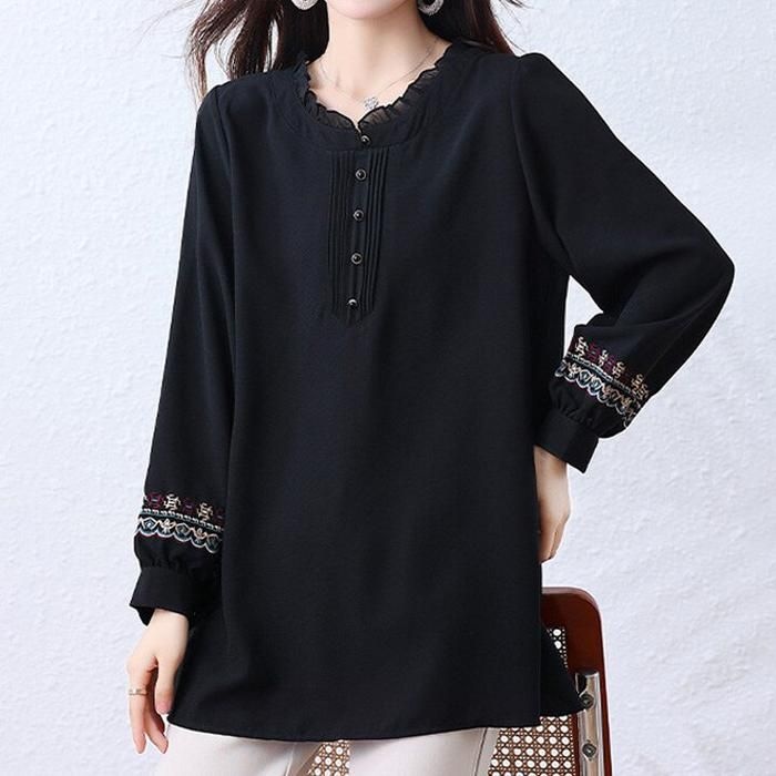 [퀸이즈][퀸이즈] [99까지]긴팔 빅사이즈 레핀 소매패턴 롱슬리브 블라우스