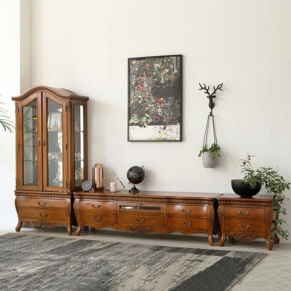 유캐슬 [유캐슬] 1/18~19 커피쿠폰 증정+무료배송제우스 엔틱 원목 거실장 세트(거실장+장식장+협탁)_CP