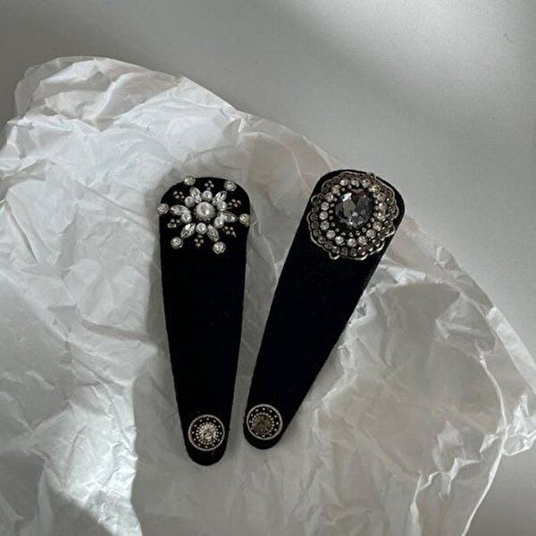 [셀러허브 1]보석 엔틱 큐빅 눈꽃 크리스탈 고급 연말 연초 겨울 블랙 벨벳 옆머리 소품샵 헤어핀 똑딱핀