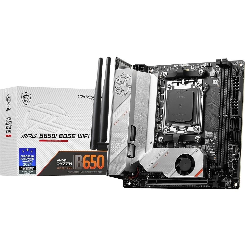 [해외] MSI MPG B650I EDGE WIFI AMD AM5 M-ITX 마더보드, DDR5 ~64GB 2개, PCI-E x16 1개, M.2 2개, SATA 4개, USB2.0 2개, USB 3.2 5개, USB-C 1개