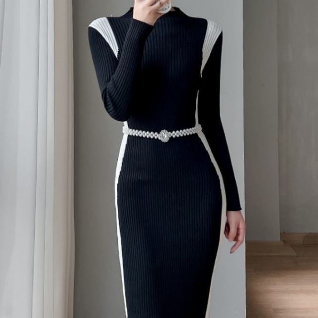 슬림핏 SC96MK62 방한 진주벨트세트 스타일 원피스 니트 여성