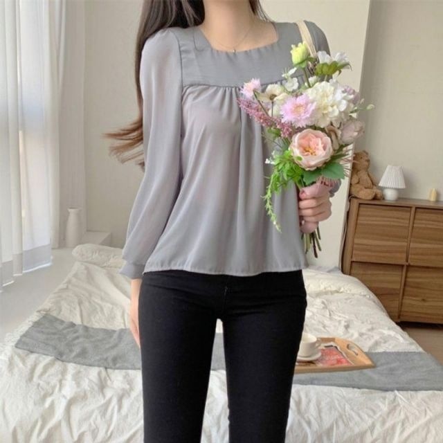 쉬폰 AR87IC76 인기 여성 블라우스 긴팔 감성 스퀘어넥 봄가을