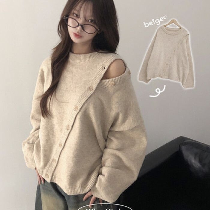 더핑크 / 라튼 루즈핏 사선 버튼 언발 오프숄더 울 니트