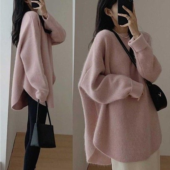 [MEN70402_61]루즈 라운드 배색니트예쁜니트티 롱 니트