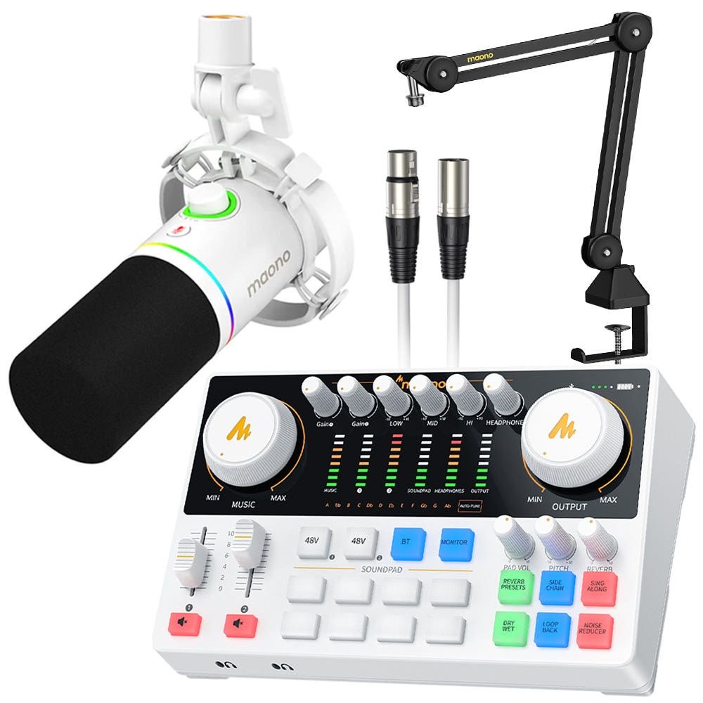 마오노 캐스터 AME2 Gen2 + PD200X 오디오 믹서 블루투스 인터페이스 XLR USB 다이나믹 마이크 스탠드 화이트 패키지3