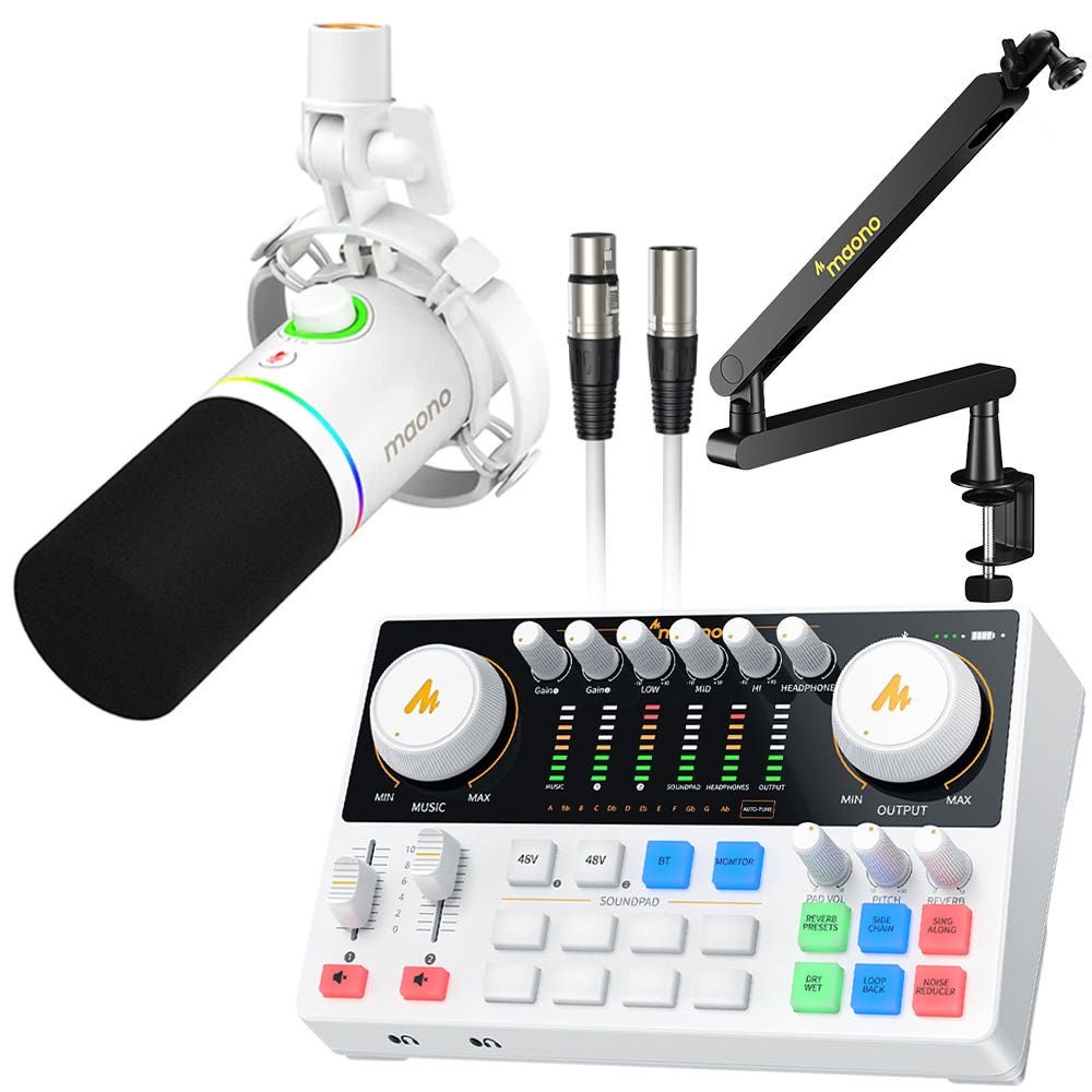 마오노 캐스터 AME2 Gen2 + PD200X 오디오 믹서 블루투스 인터페이스 XLR USB 다이나믹 마이크 스탠드 화이트 패키지5