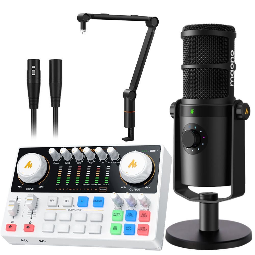 마오노 캐스터 AME2 Gen2 + PD400X 오디오 믹서 블루투스 인터페이스 XLR USB 다이나믹 마이크 스탠드 화이트 패키지3